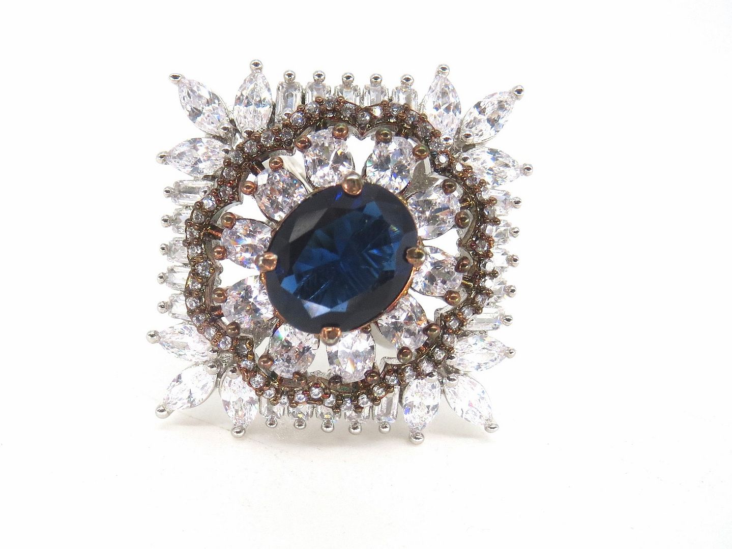 Jewelshingar Jewellery American Diamond Blue Colour Size Freesize Rose Gold Silver Plated Ring For Girls ( 59856FSR )