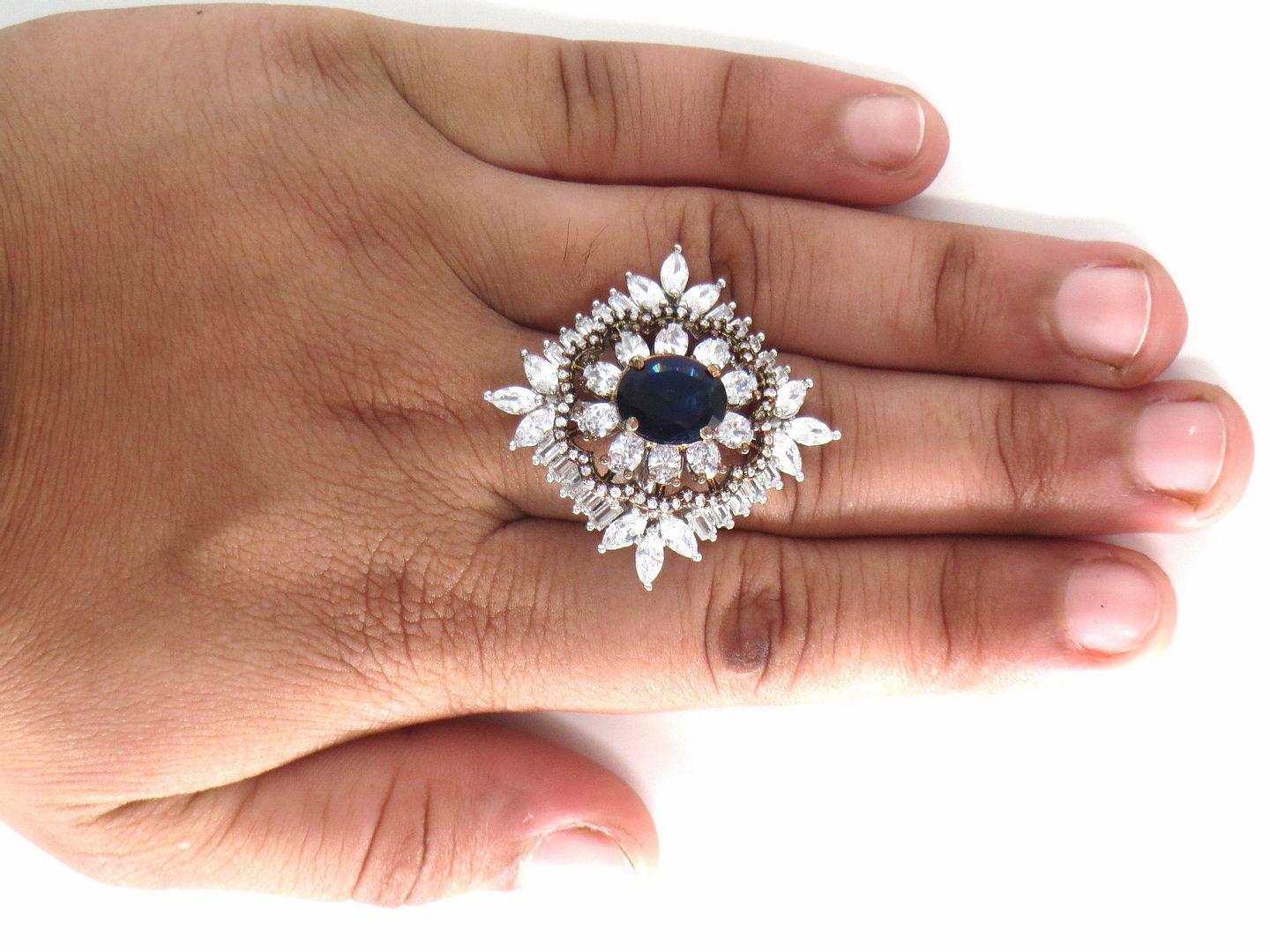 Jewelshingar Jewellery American Diamond Blue Colour Size Freesize Rose Gold Silver Plated Ring For Girls ( 59856FSR )