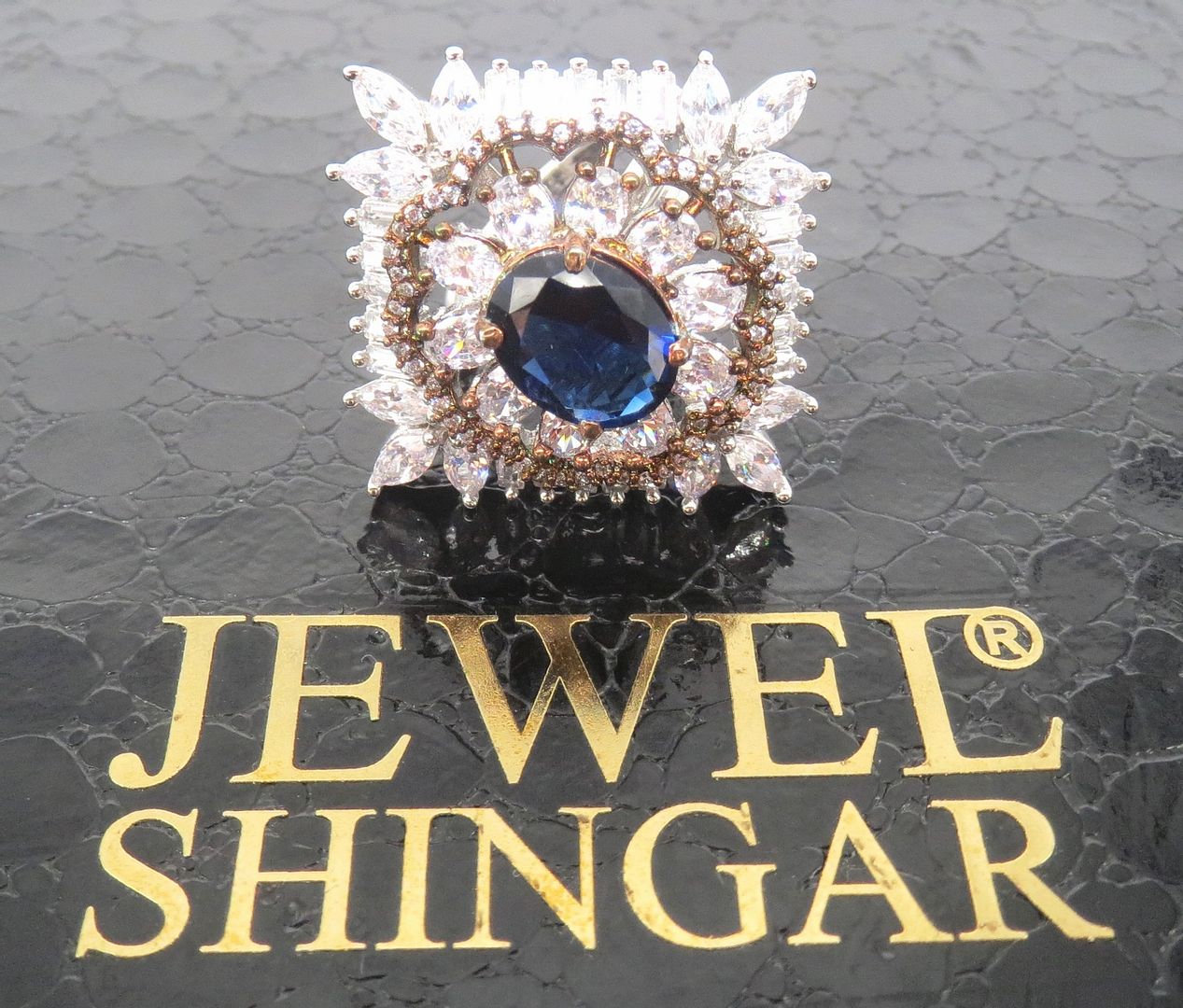Jewelshingar Jewellery American Diamond Blue Colour Size Freesize Rose Gold Silver Plated Ring For Girls ( 59856FSR )
