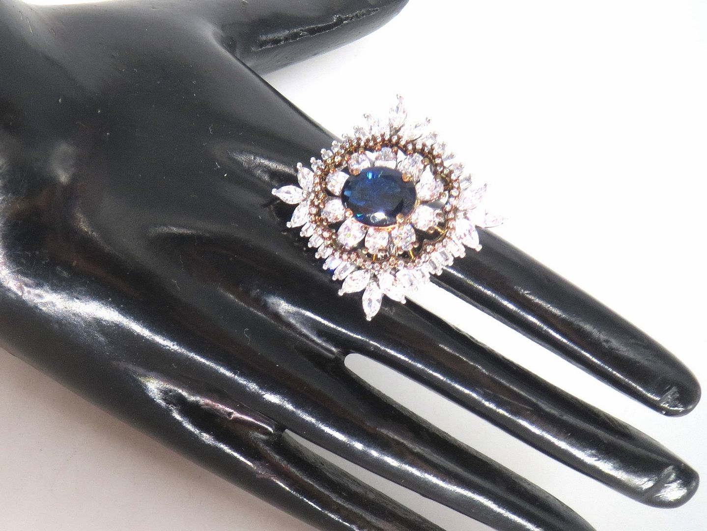 Jewelshingar Jewellery American Diamond Blue Colour Size Freesize Rose Gold Silver Plated Ring For Girls ( 59856FSR )