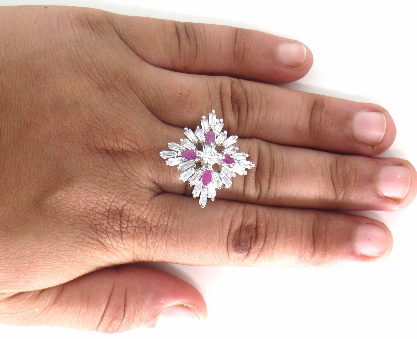 Jewelshingar Jewellery American Diamond Pink Colour Size Freesize Silver Plated Ring For Girls ( 59903FSR )