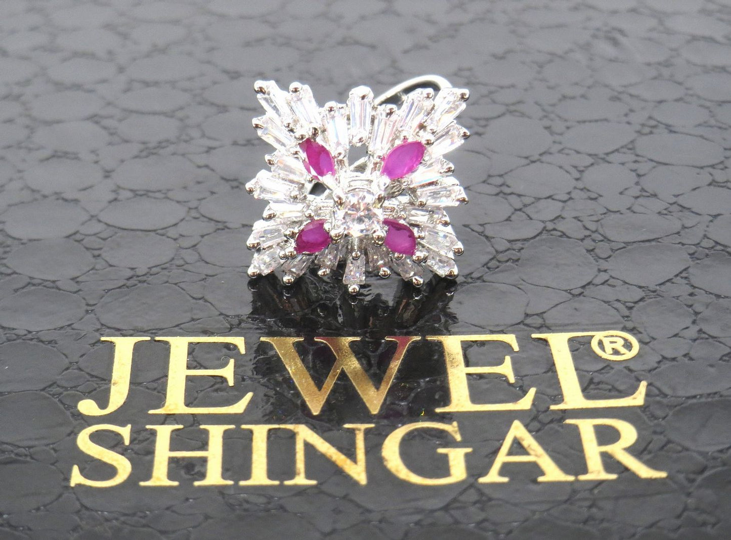 Jewelshingar Jewellery American Diamond Pink Colour Size Freesize Silver Plated Ring For Girls ( 59903FSR )