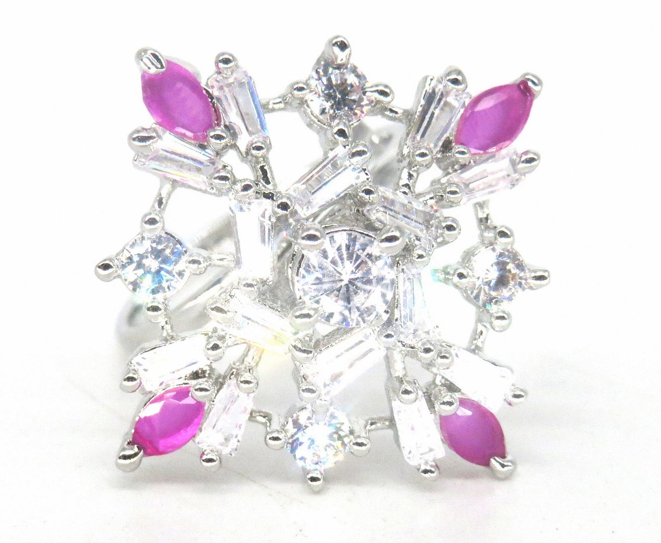 Jewelshingar Jewellery American Diamond Pink Colour Size Freesize Silver Plated Ring For Girls ( 59954FSR )
