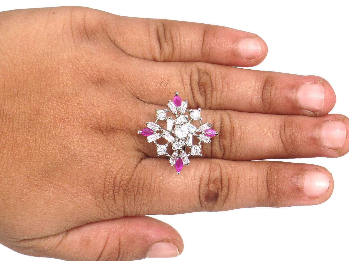 Jewelshingar Jewellery American Diamond Pink Colour Size Freesize Silver Plated Ring For Girls ( 59954FSR )