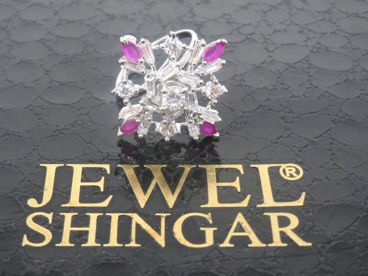 Jewelshingar Jewellery American Diamond Pink Colour Size Freesize Silver Plated Ring For Girls ( 59954FSR )