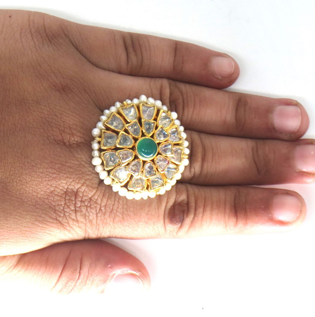 Jewelshingar Jewellery American Diamond Green Colour Size 14 Gold Plated Ring For Girls ( 60014SSR )