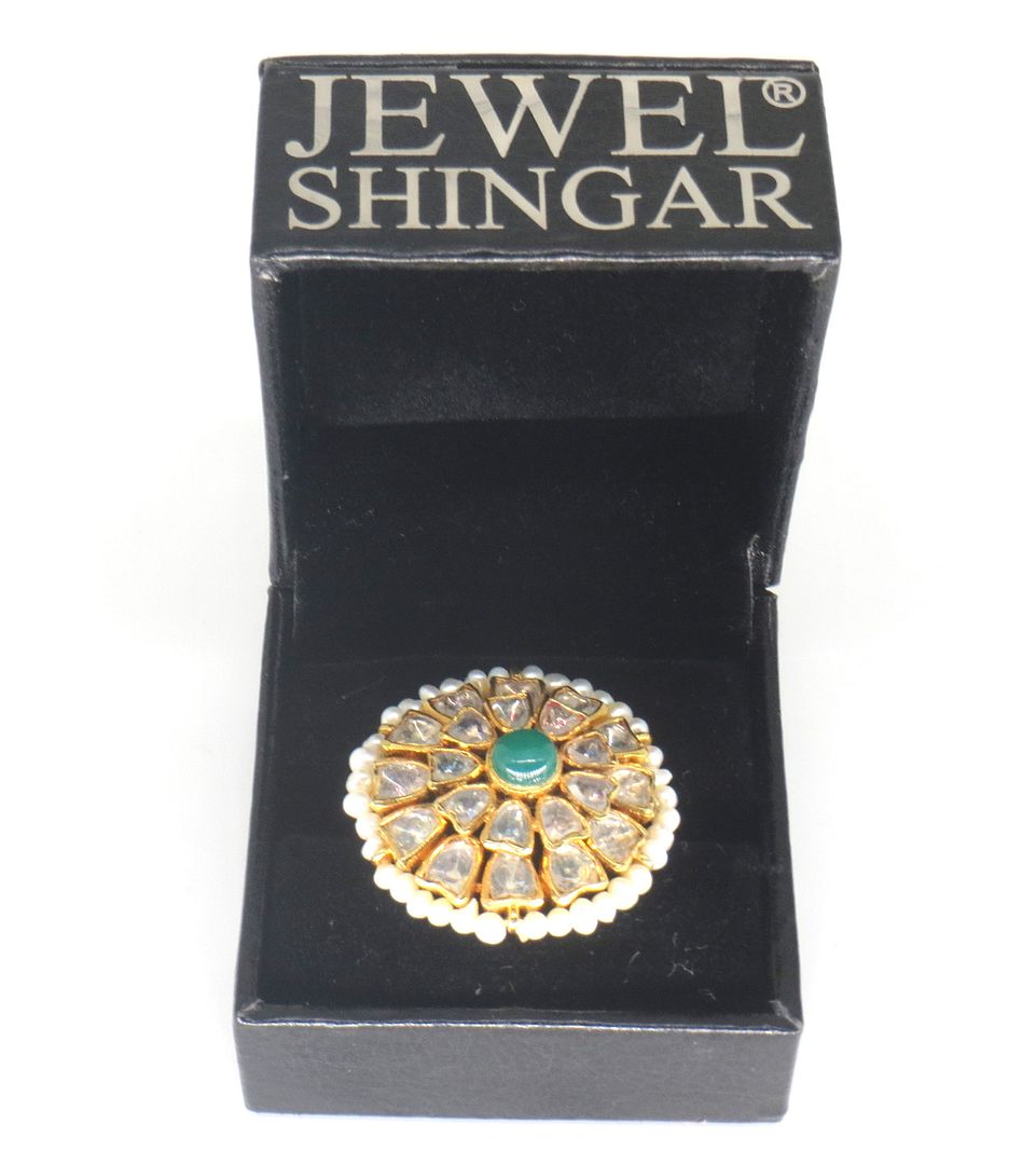 Jewelshingar Jewellery American Diamond Green Colour Size 14 Gold Plated Ring For Girls ( 60014SSR )