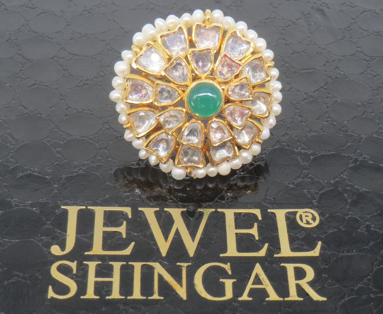 Jewelshingar Jewellery American Diamond Green Colour Size 14 Gold Plated Ring For Girls ( 60014SSR )