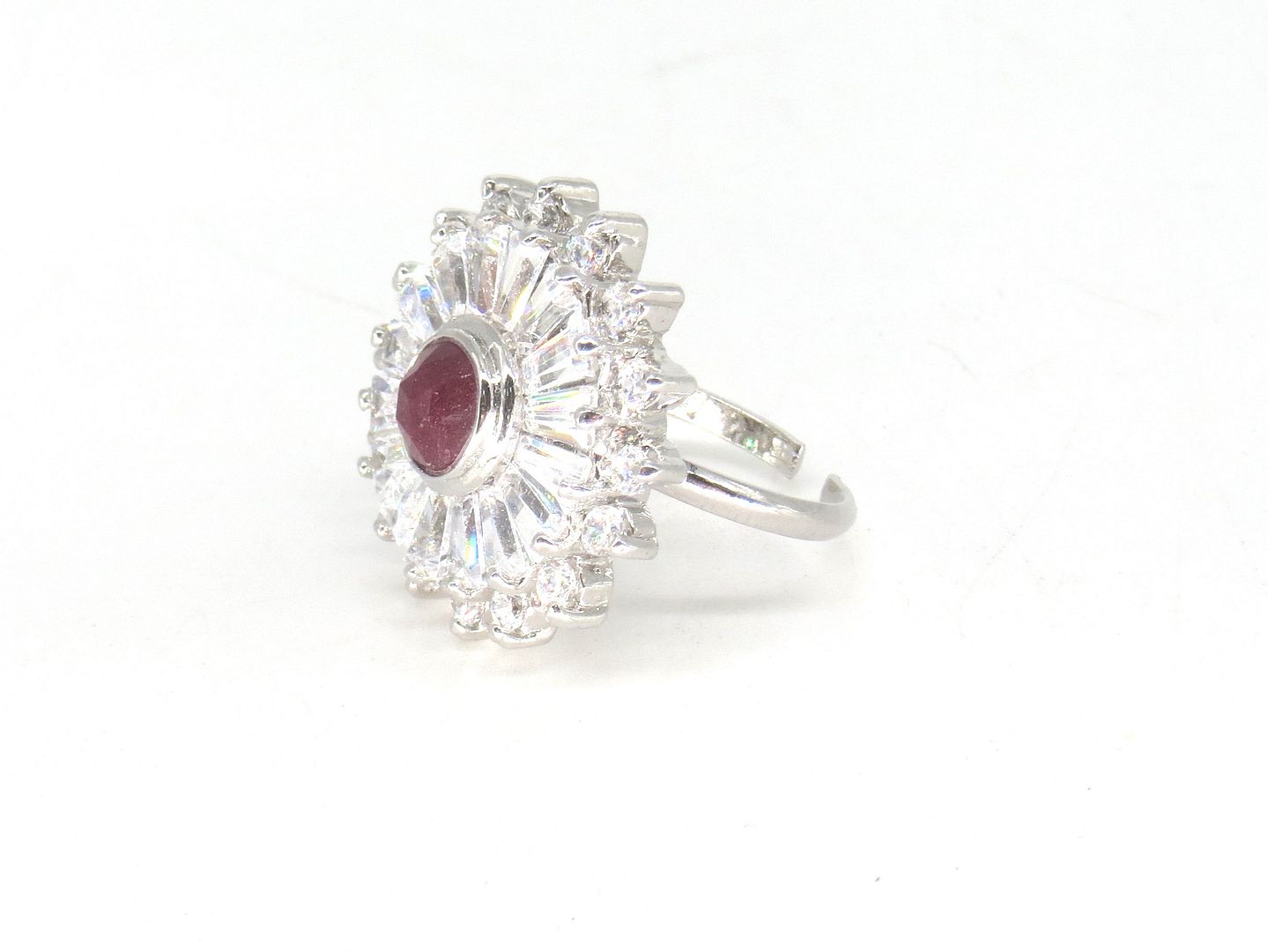 Jewelshingar Jewellery American Diamond Red Colour Size Freesize Silver Plated Ring For Girls ( 60054RIN )