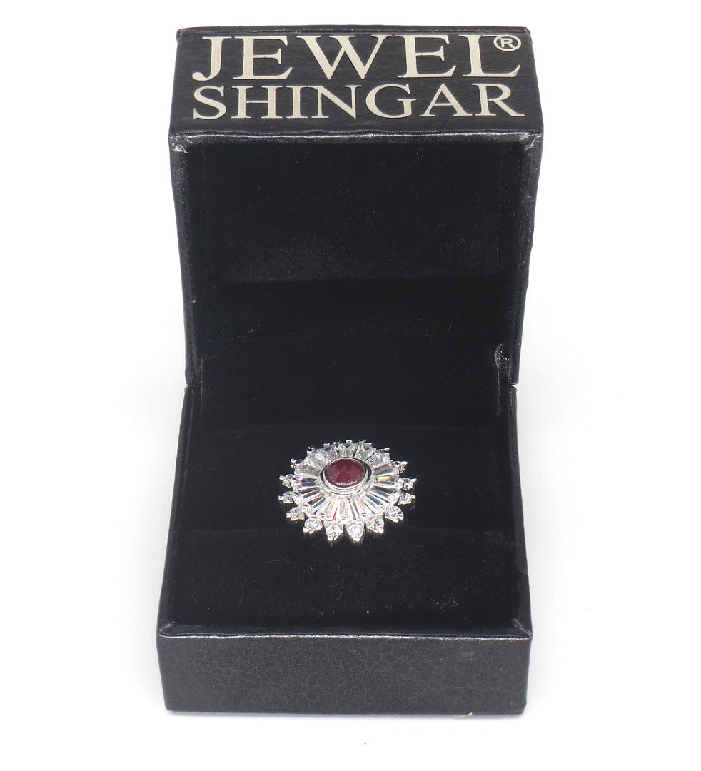 Jewelshingar Jewellery American Diamond Red Colour Size Freesize Silver Plated Ring For Girls ( 60054RIN )