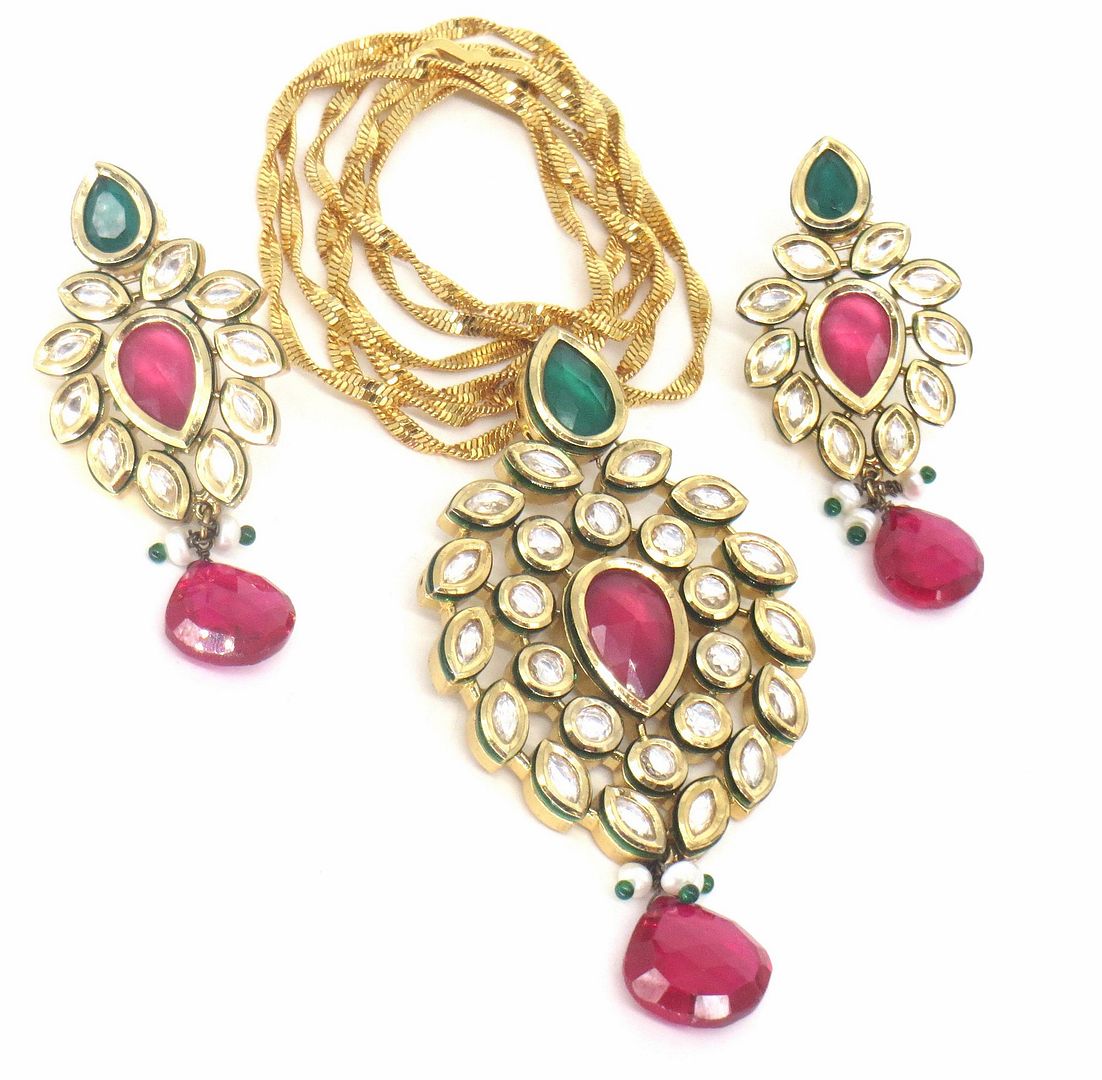 Jewelshingar Jewellery Gold Plated Diamond Colour Multi Polki Kundan Pendant Set For Women ( 60075DCP )