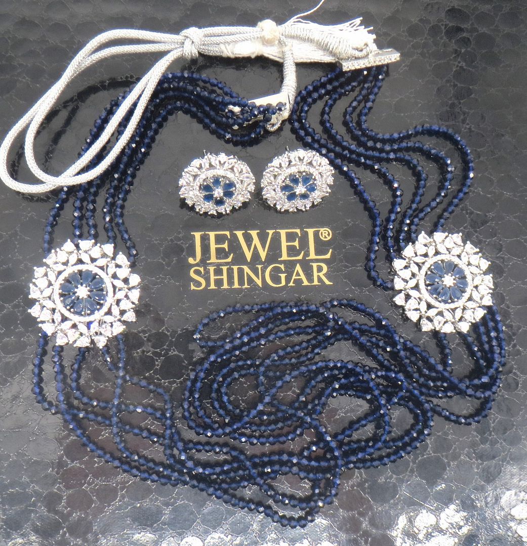 Jewelshingar Jewellery Gold Plated Diamond Colour Blue American Diamond Necklace For Women ( 60212NAD )