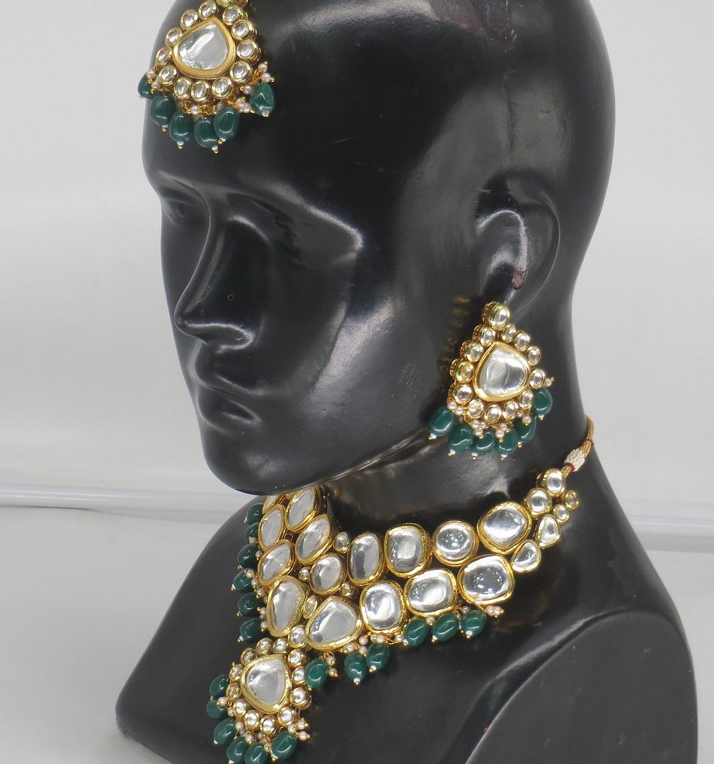 Jewelshingar Jewellery Fine Antique Polki Kundan Gold Plated Green Colour Necklace For Women ( 60441ACS )