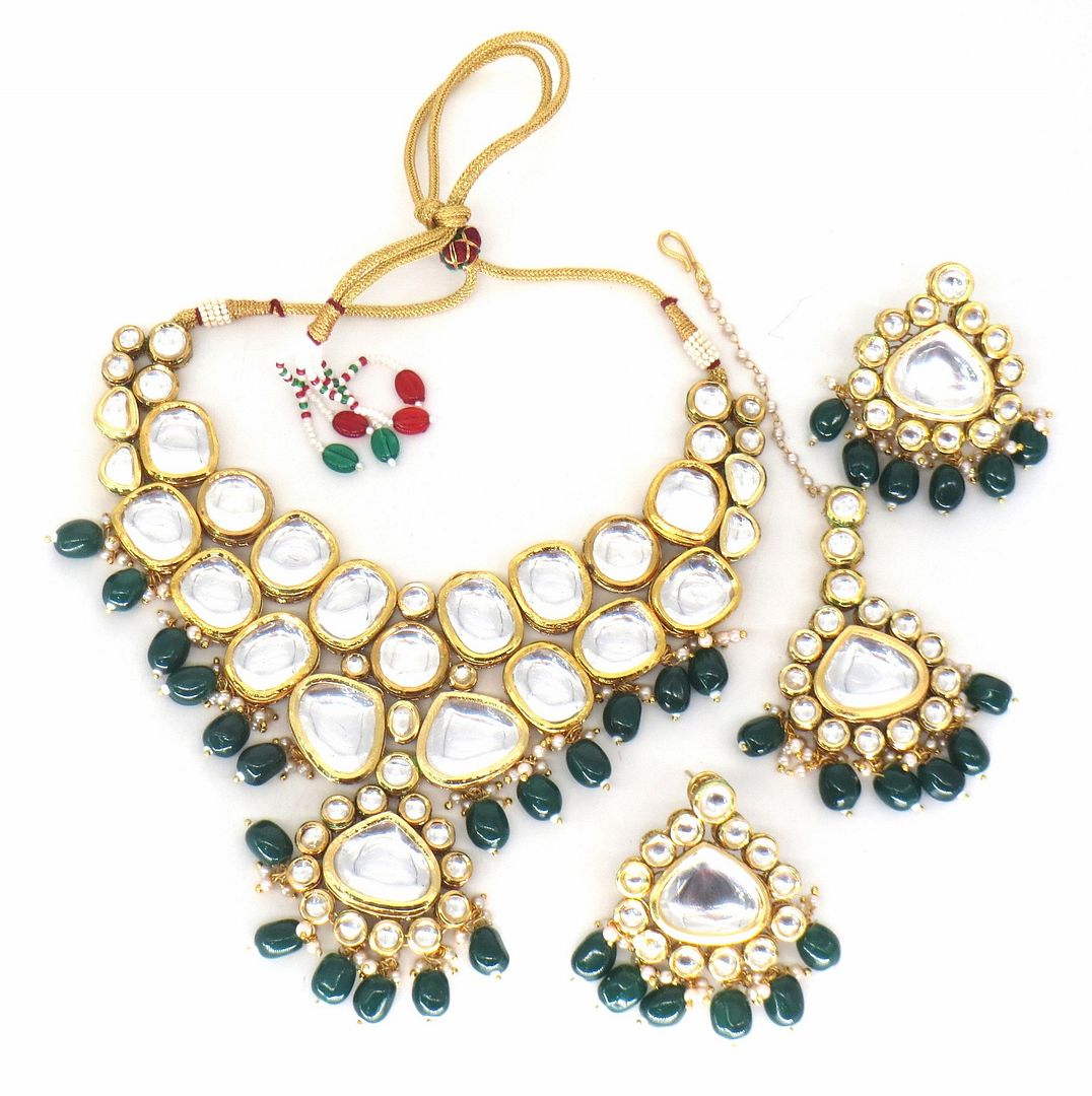 Jewelshingar Jewellery Fine Antique Polki Kundan Gold Plated Green Colour Necklace For Women ( 60441ACS )