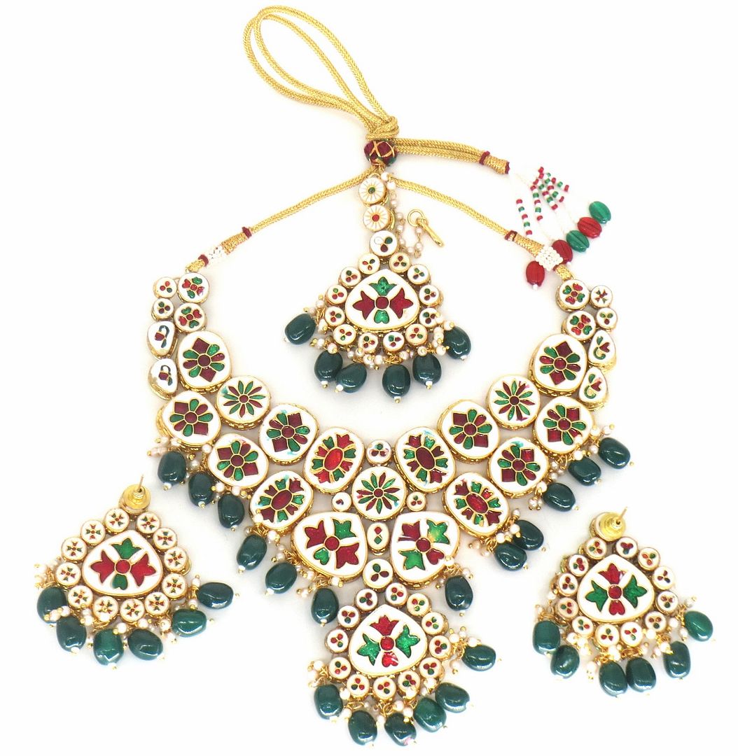 Jewelshingar Jewellery Fine Antique Polki Kundan Gold Plated Green Colour Necklace For Women ( 60441ACS )