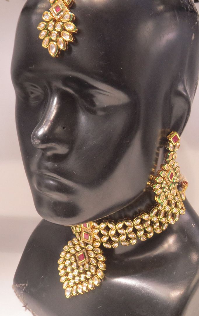 Jewelshingar Jewellery Fine Antique Polki Kundan Gold Plated Red Colour Necklace For Women ( 60557ACS )