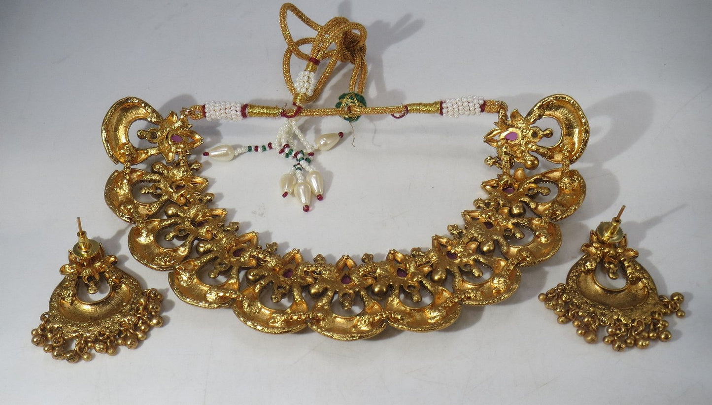 Jewelshingar Jewellery Fine Antique Polki Kundan Antique Plated Red Colour Necklace For Women ( 60613AST )