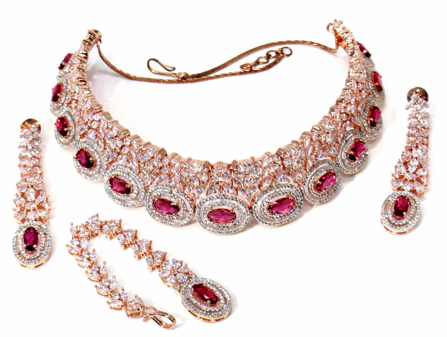 Jewelshingar Jewellery Fine American Diamond Gold Plated Red Colour Necklace For Women ( 60773NAD )