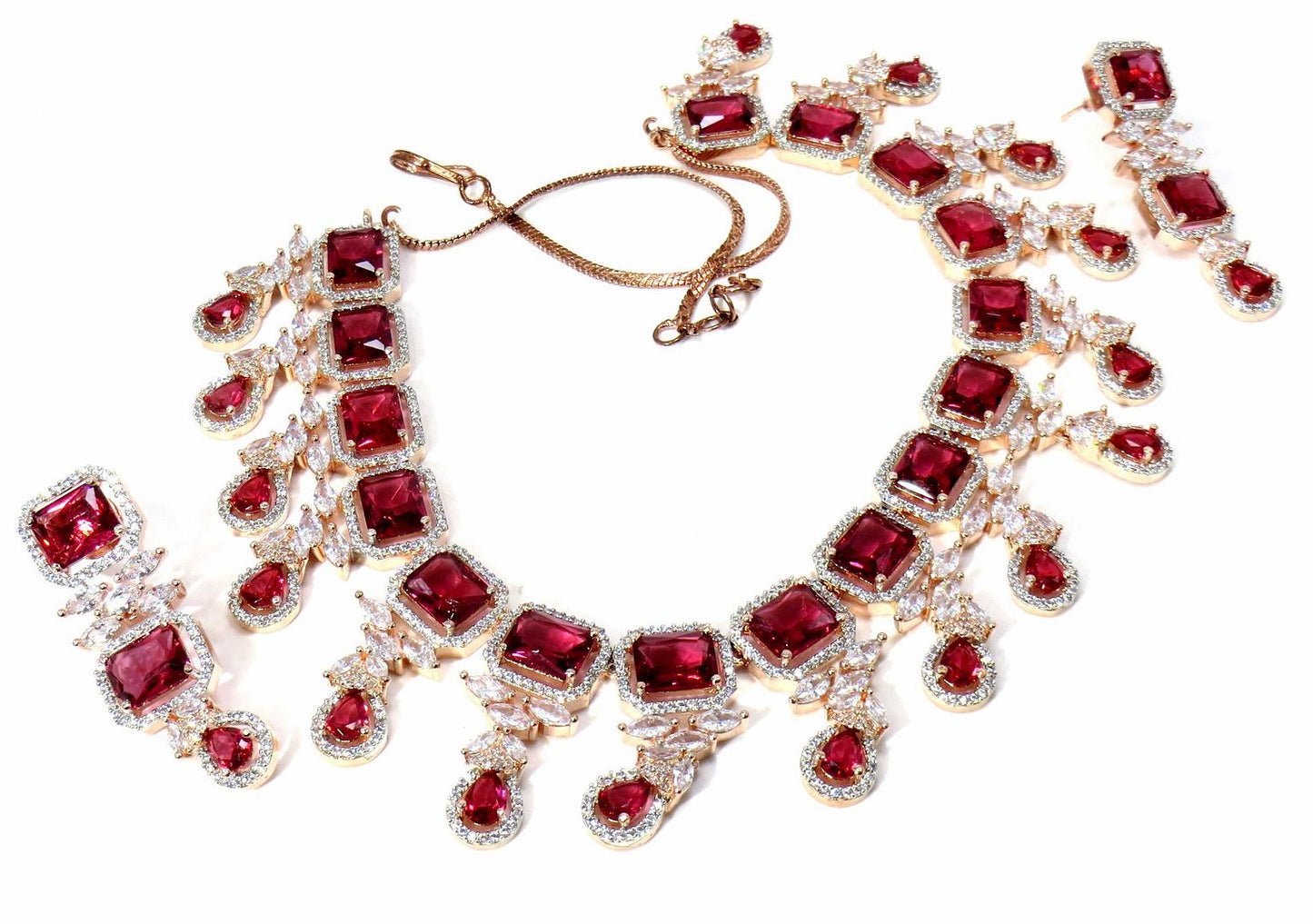 Jewelshingar Jewellery Fine American Diamond Gold Plated Red Colour Necklace For Women ( 60782NAD )