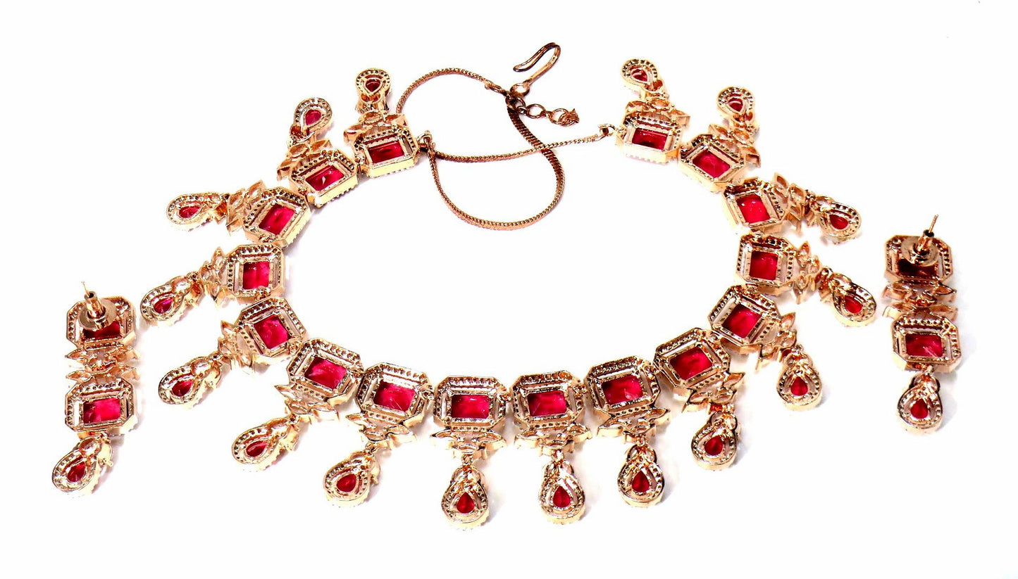 Jewelshingar Jewellery Fine American Diamond Gold Plated Red Colour Necklace For Women ( 60782NAD )