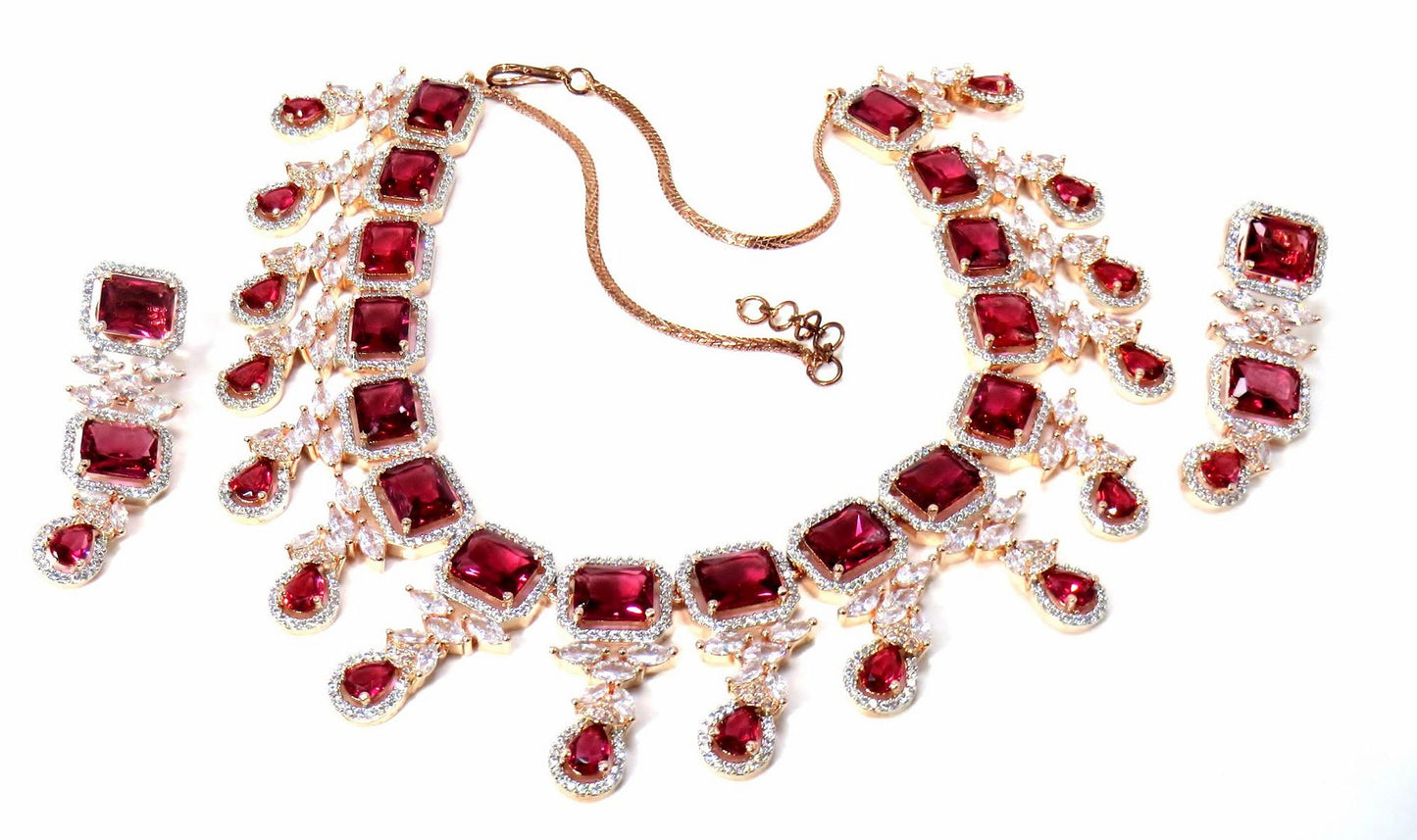Jewelshingar Jewellery Fine American Diamond Gold Plated Red Colour Necklace For Women ( 60782NAD )