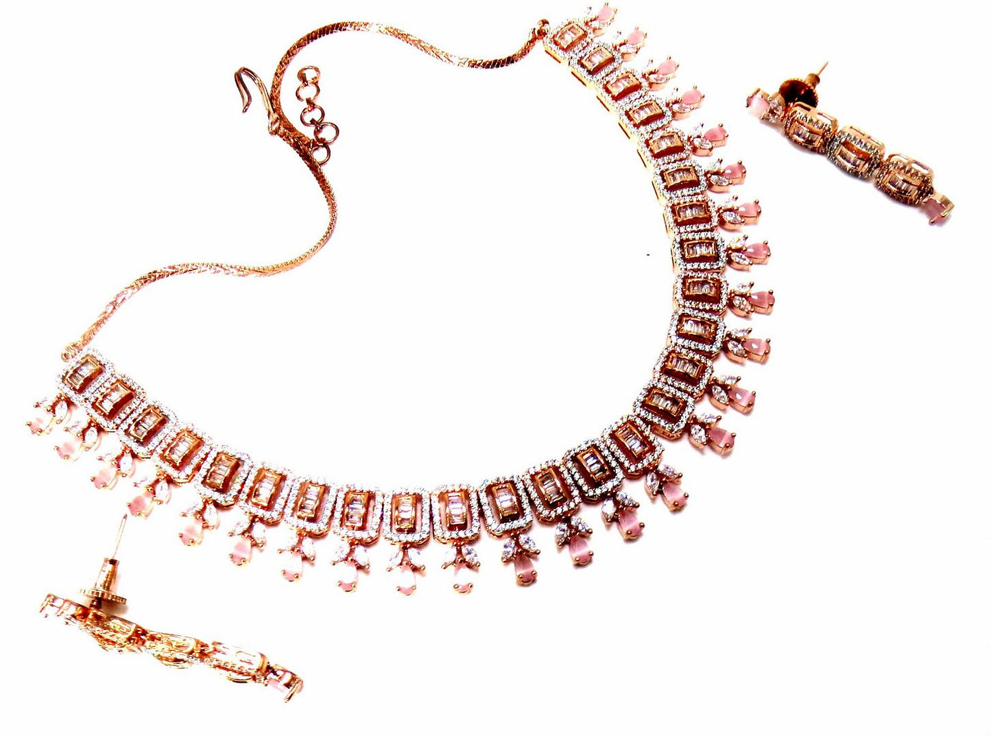 Jewelshingar Jewellery Fine American Diamond Gold Plated Pink Colour Necklace For Women ( 60796NAD )