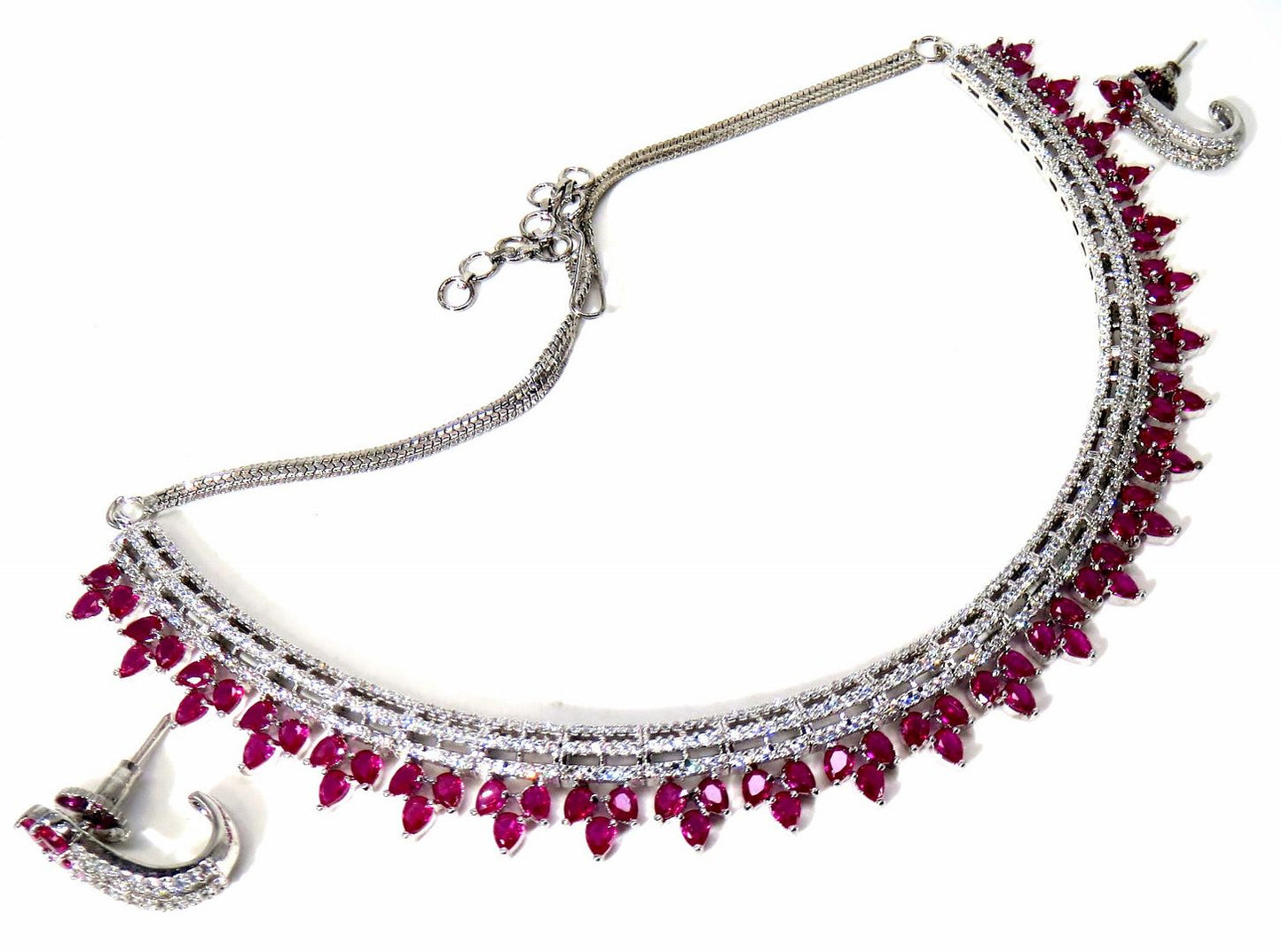 Jewelshingar Jewellery Fine American Diamond Silver Plated Red Colour Necklace For Women ( 60804NAD )