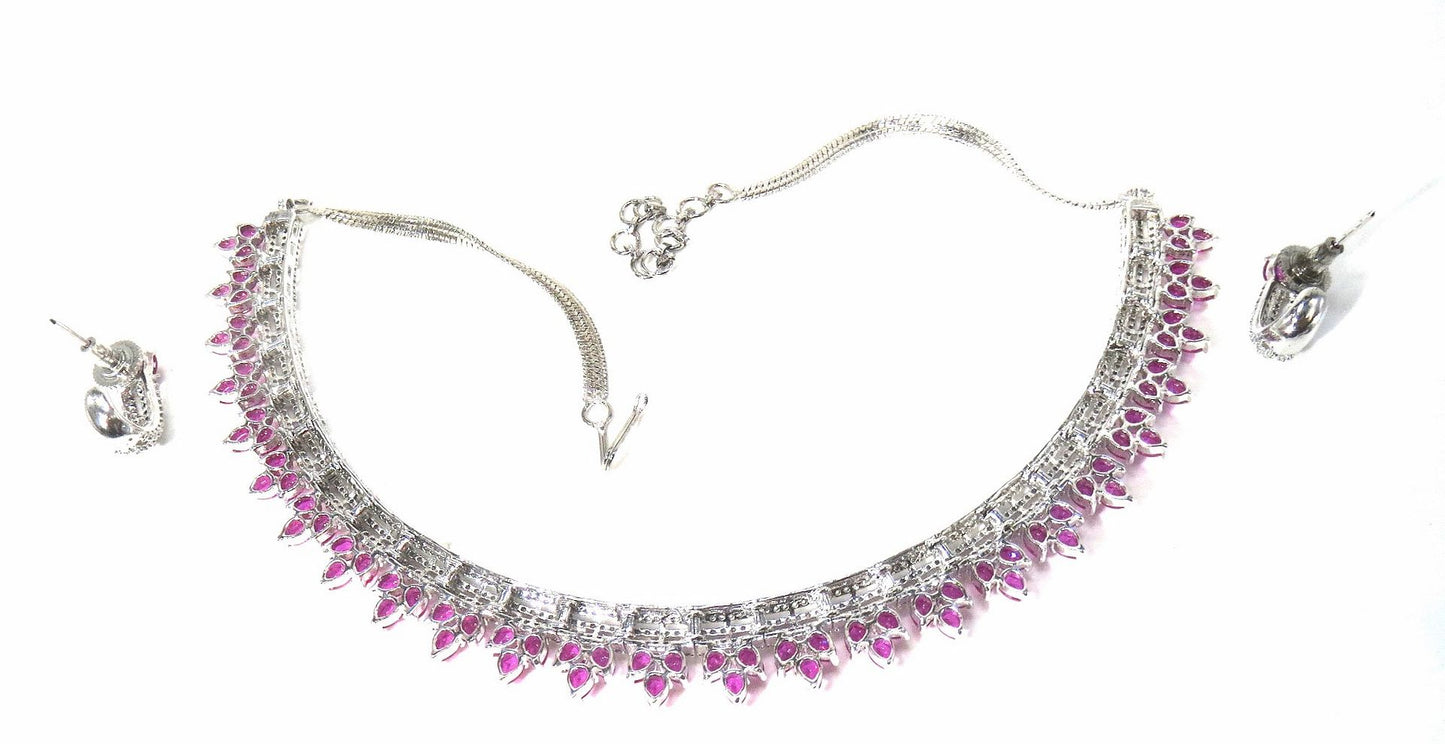 Jewelshingar Jewellery Fine American Diamond Silver Plated Red Colour Necklace For Women ( 60804NAD )
