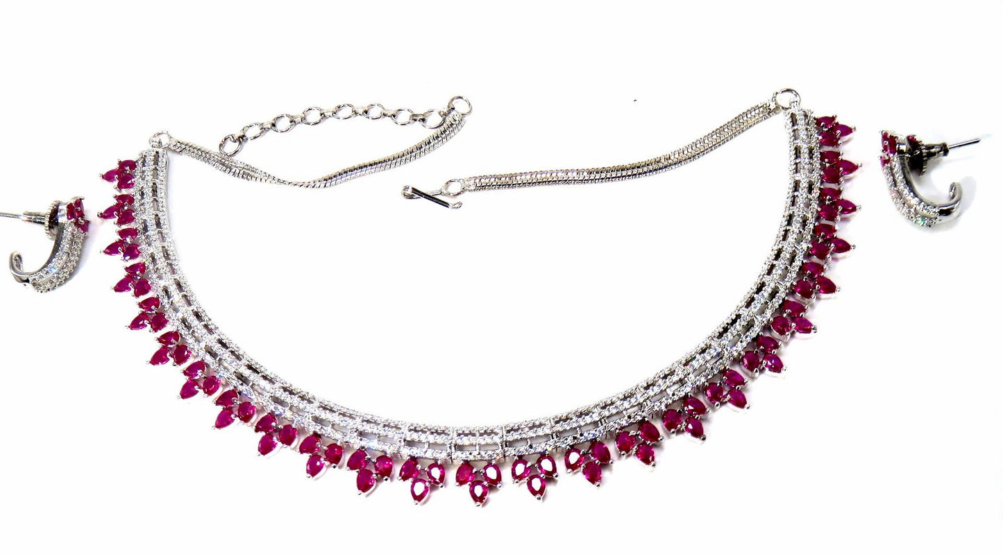 Jewelshingar Jewellery Fine American Diamond Silver Plated Red Colour Necklace For Women ( 60804NAD )