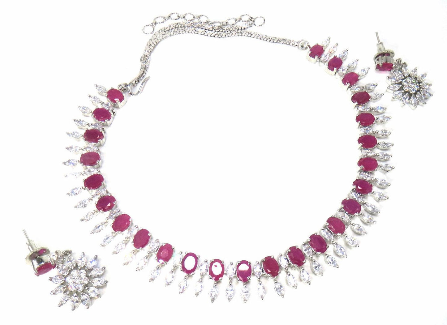 Jewelshingar Jewellery Fine American Diamond Silver Plated Red Colour Necklace For Women ( 60808NAD )