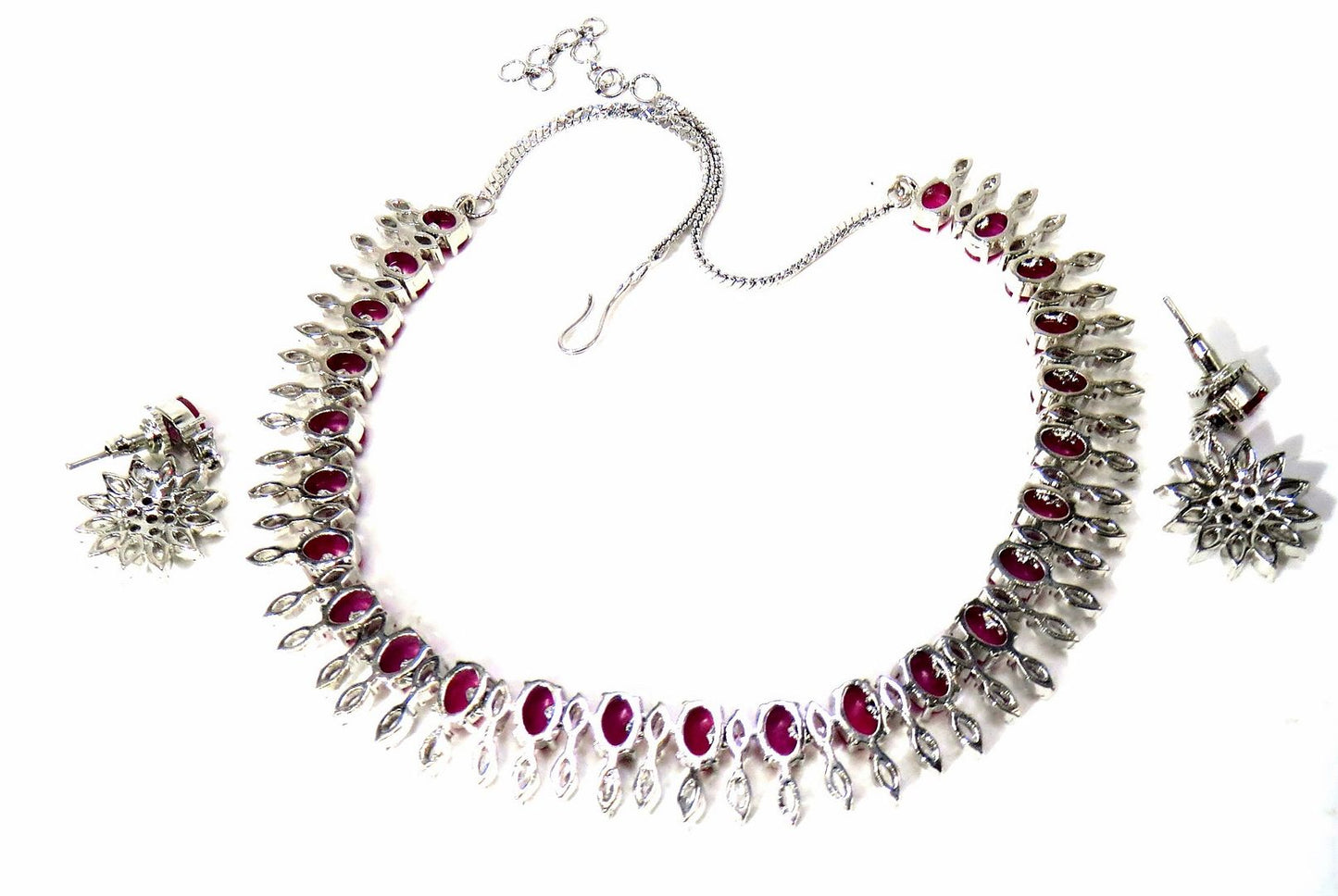 Jewelshingar Jewellery Fine American Diamond Silver Plated Red Colour Necklace For Women ( 60808NAD )