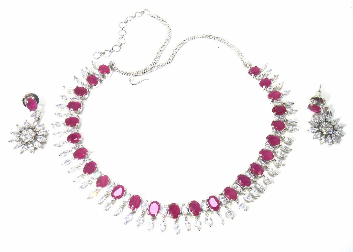 Jewelshingar Jewellery Fine American Diamond Silver Plated Red Colour Necklace For Women ( 60808NAD )