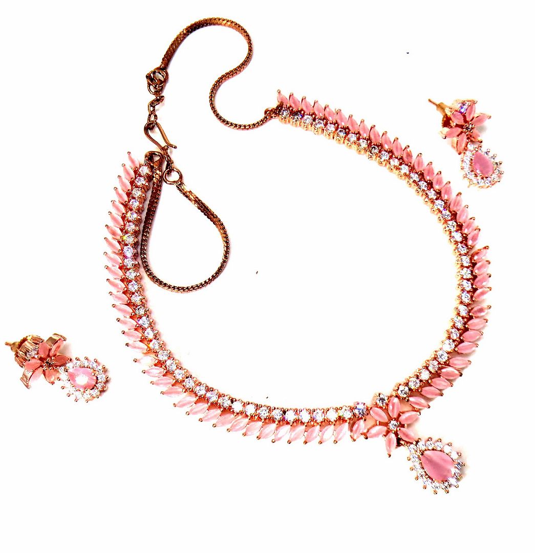 Jewelshingar Jewellery Fine American Diamond Gold Plated Pink Colour Necklace For Women ( 60812NAD )
