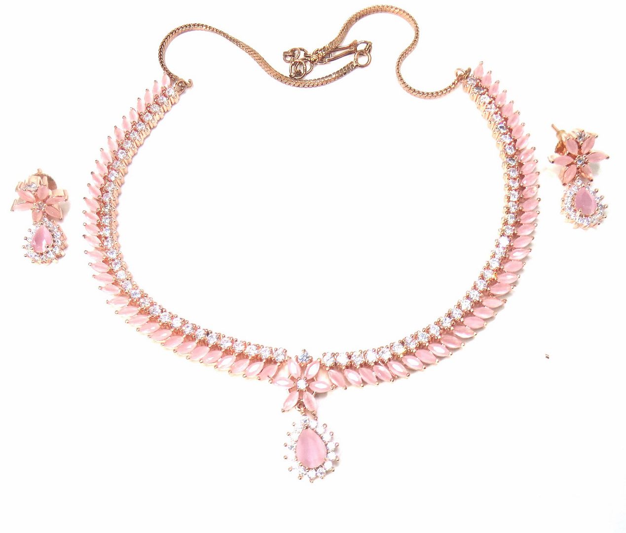 Jewelshingar Jewellery Fine American Diamond Gold Plated Pink Colour Necklace For Women ( 60812NAD )