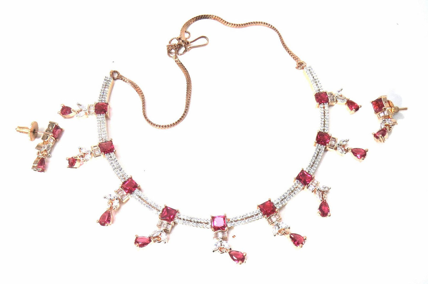 Jewelshingar Jewellery Fine American Diamond Gold Plated Red Colour Necklace For Women ( 60816NAD )