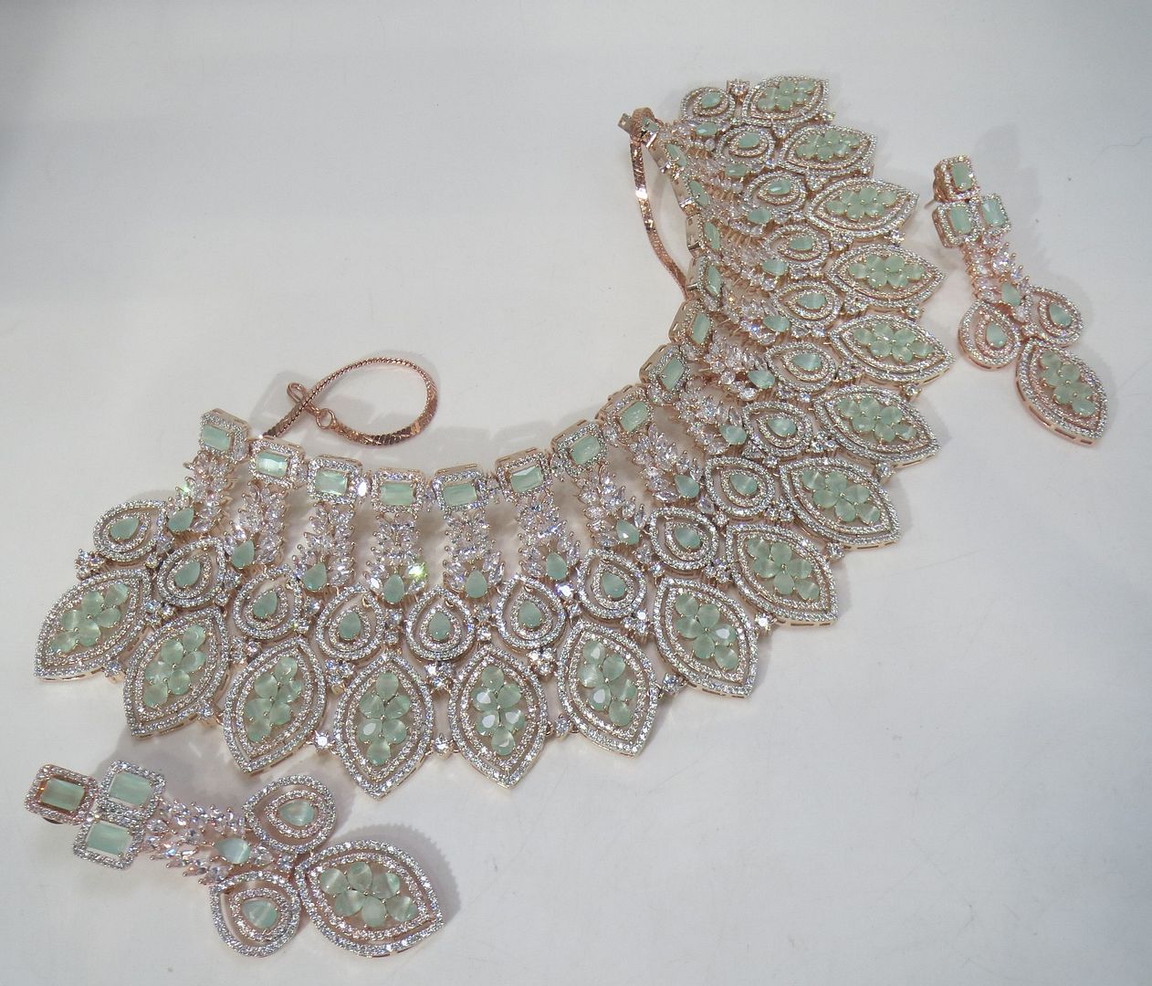 Jewelshingar Jewellery Fine American Diamond Gold Plated Green Colour Necklace For Women ( 60846NAD )