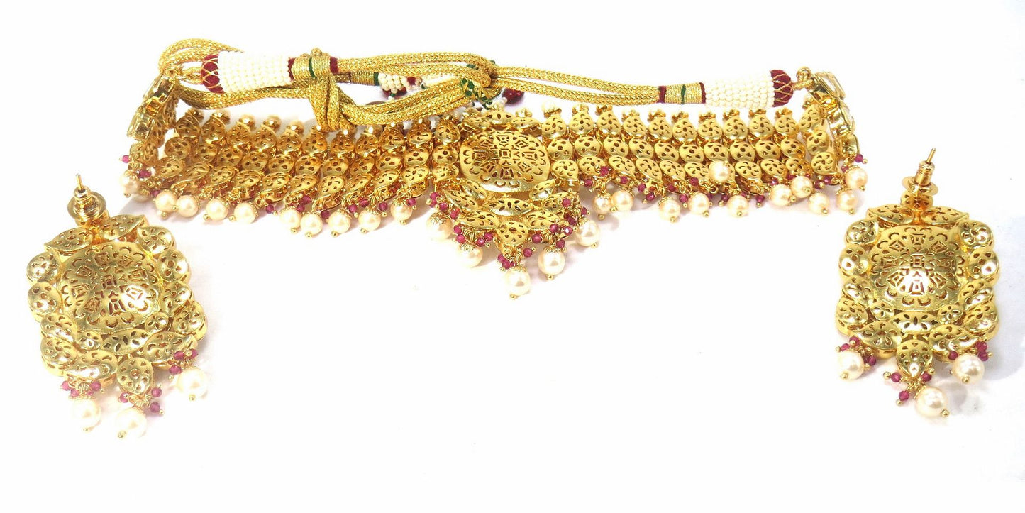 Jewelshingar Jewellery Fine Antique Polki Kundan Gold Plated Red Colour Necklace For Women ( 62118ACS )