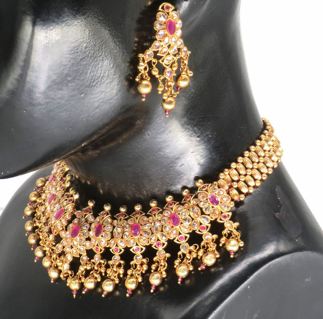 Jewelshingar Jewellery Fine Antique Polki Kundan Gold Plated Ruby Colour Necklace For Women ( 62794AST )