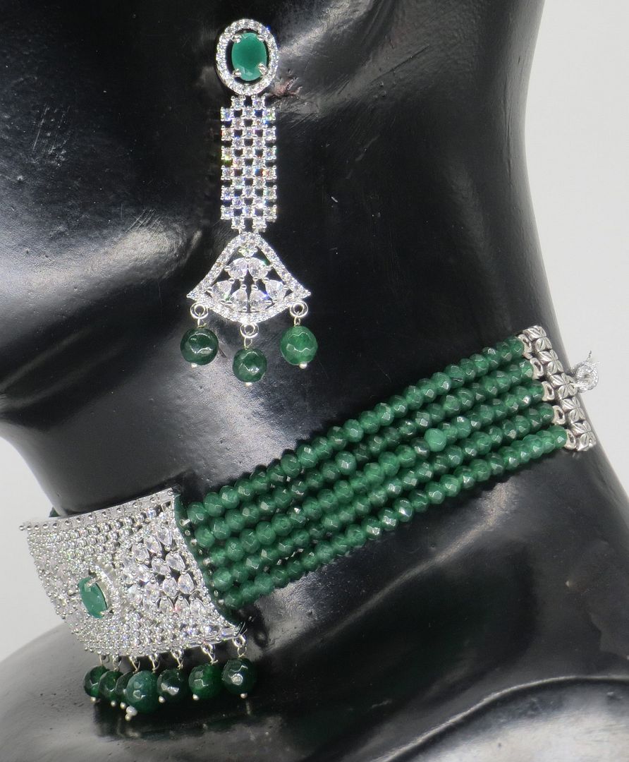 Jewelshingar Jewellery Fine Antique Polki Kundan Silver Plated Green Colour Necklace For Women ( 62917NAD )