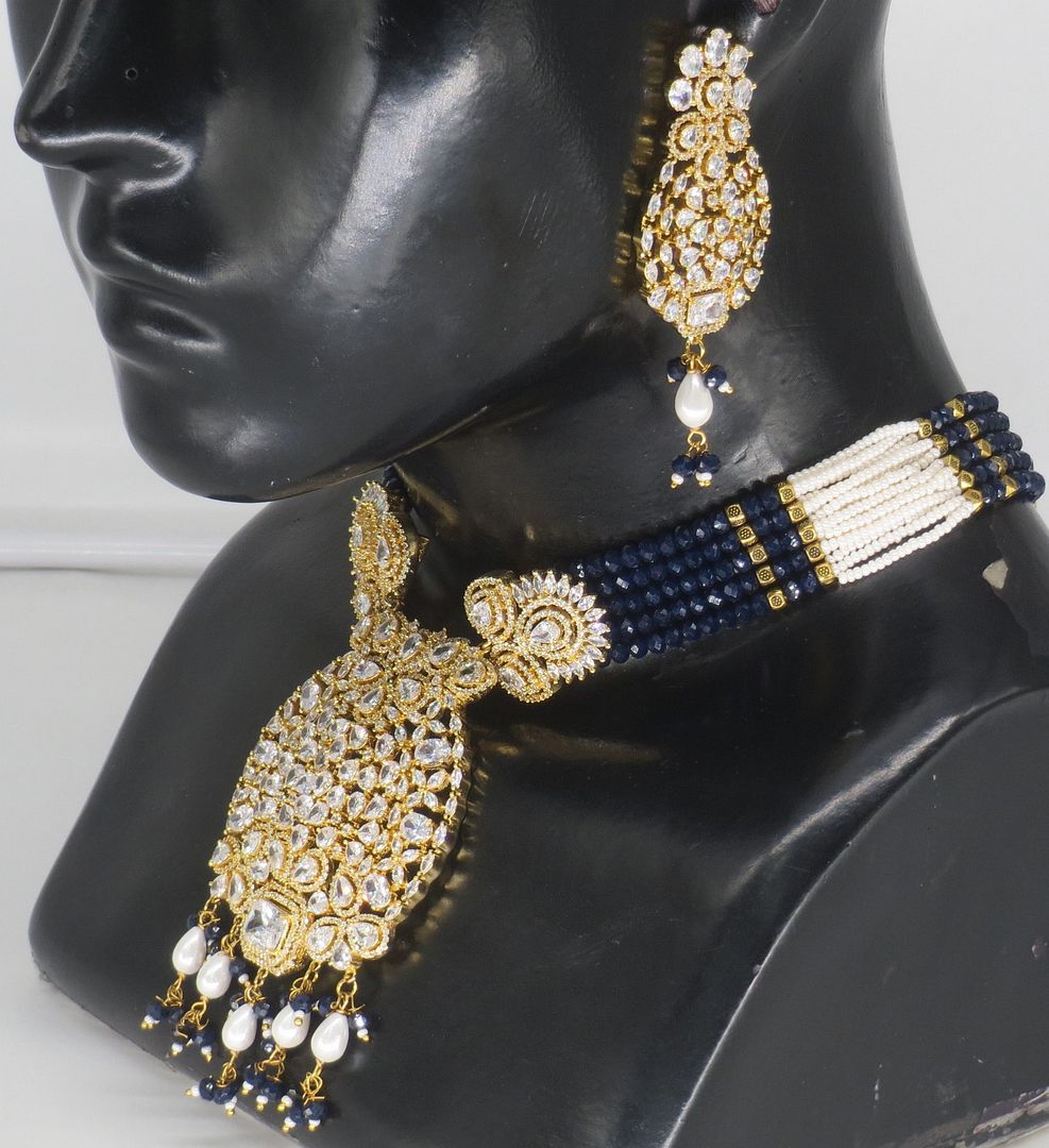 Jewelshingar Jewellery Fine Antique Polki Kundan Gold Plated Blue Colour Necklace For Women ( 62960NAD )