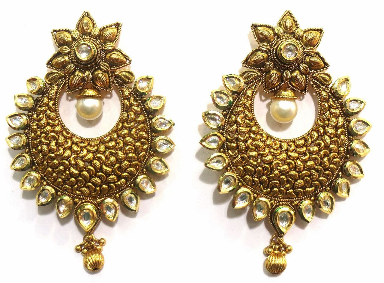 Jewelshingar Women's Antique Gold Plated Polki Kundan Moti Blue Colour Earrings Danglers Jhumki Jewellery ( 6620-pe-blue ) - JEWELSHINGAR