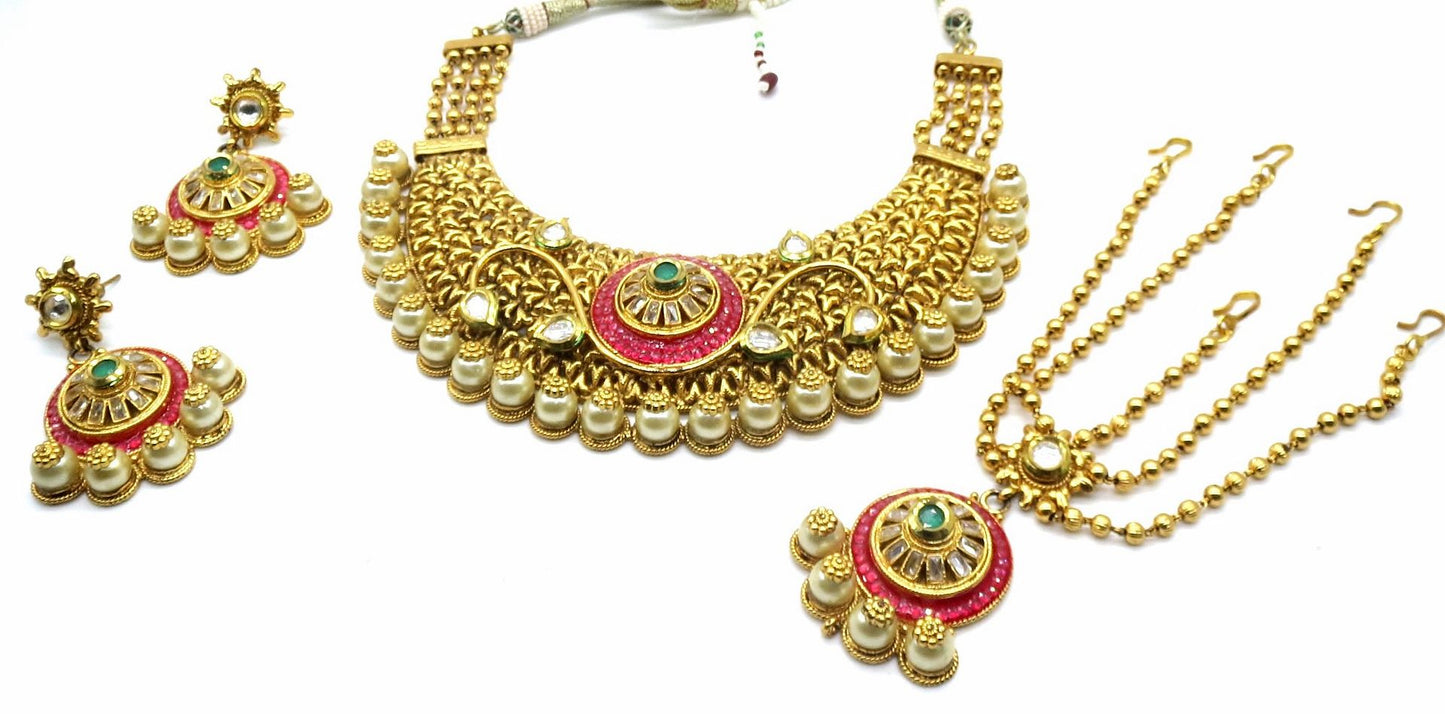 Jewelshingar Jewellery Antique Plated Semi Bridal Choker Necklace With Earrings And Maangtikka For Women ( 92065NEM )