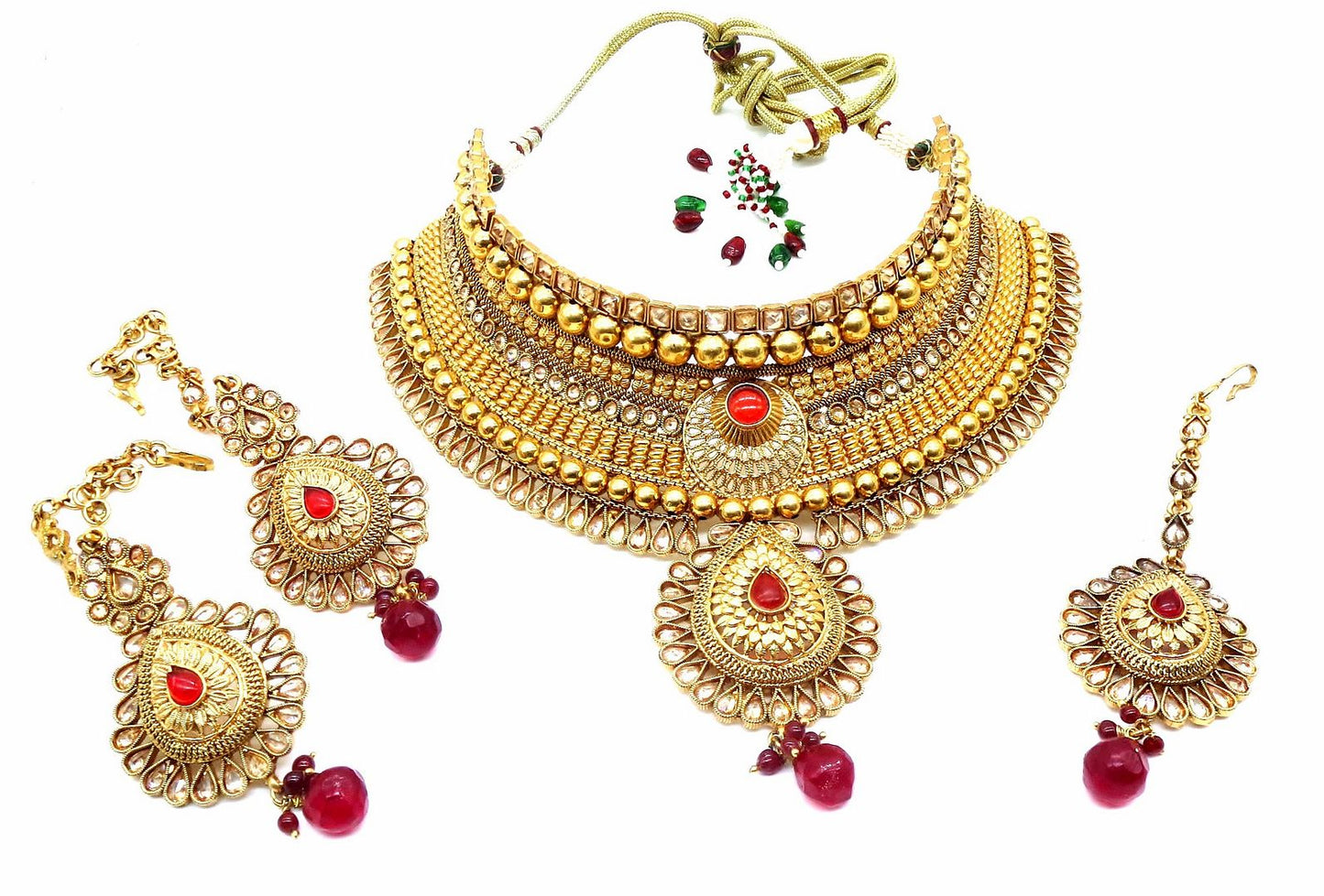 Jewelshingar Jewellery Gold Plated Semi Bridal Choker Necklace With Earrings And Maangtikka For Women ( 92119NEM )