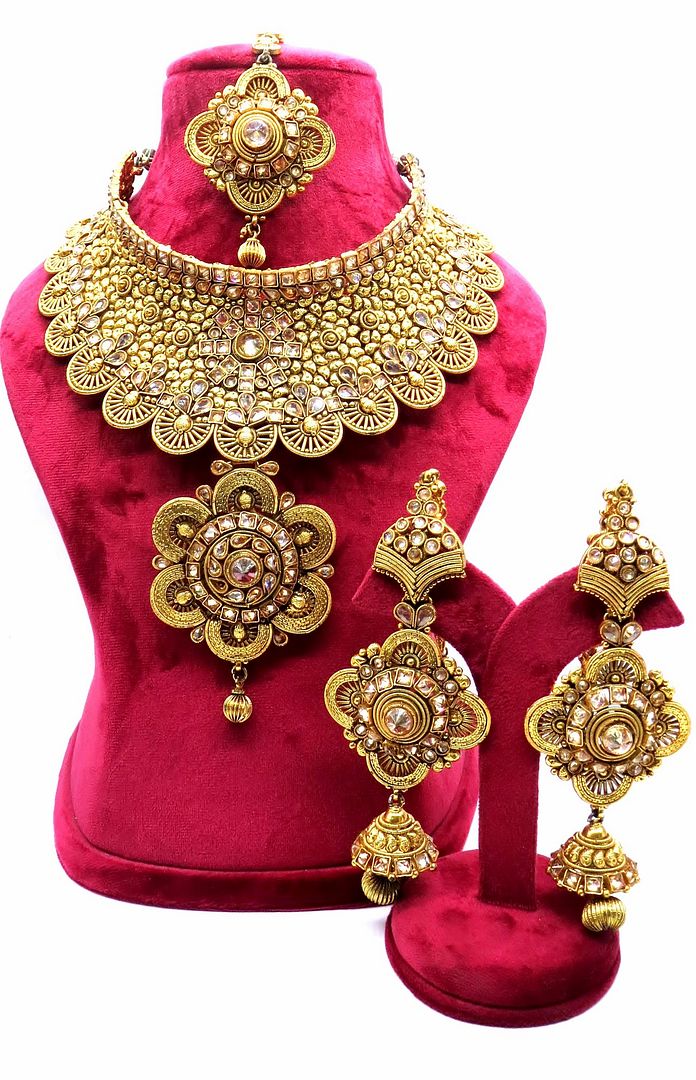 Jewelshingar Jewellery Antique Plated Semi Bridal Choker Necklace With Earrings And Maangtikka For Women ( 92131NEM )