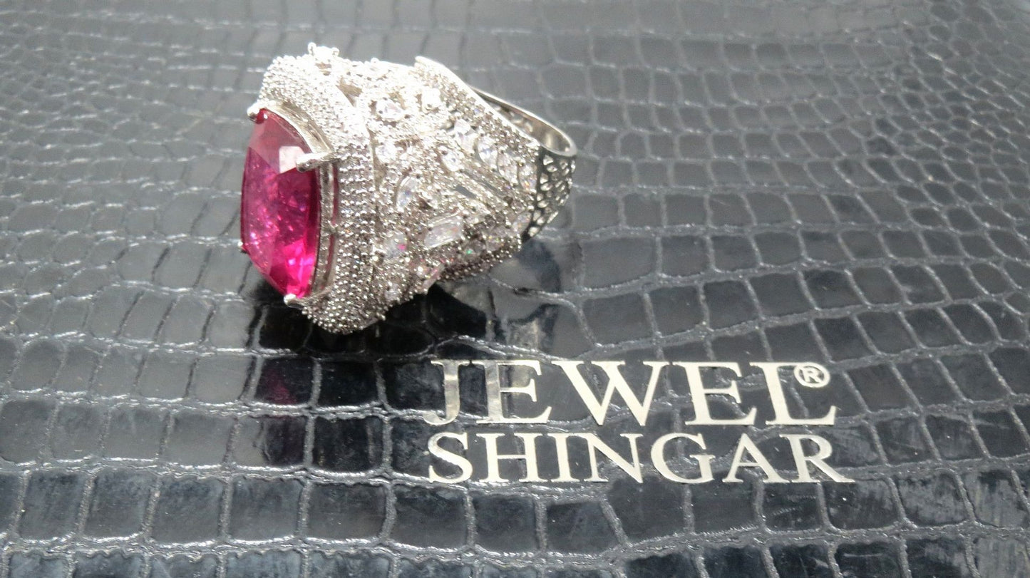 Jewelshingar Jewellery American Diamond Red Colour Size 13 Silver Plated Ring For Girls ( 92999RIN )