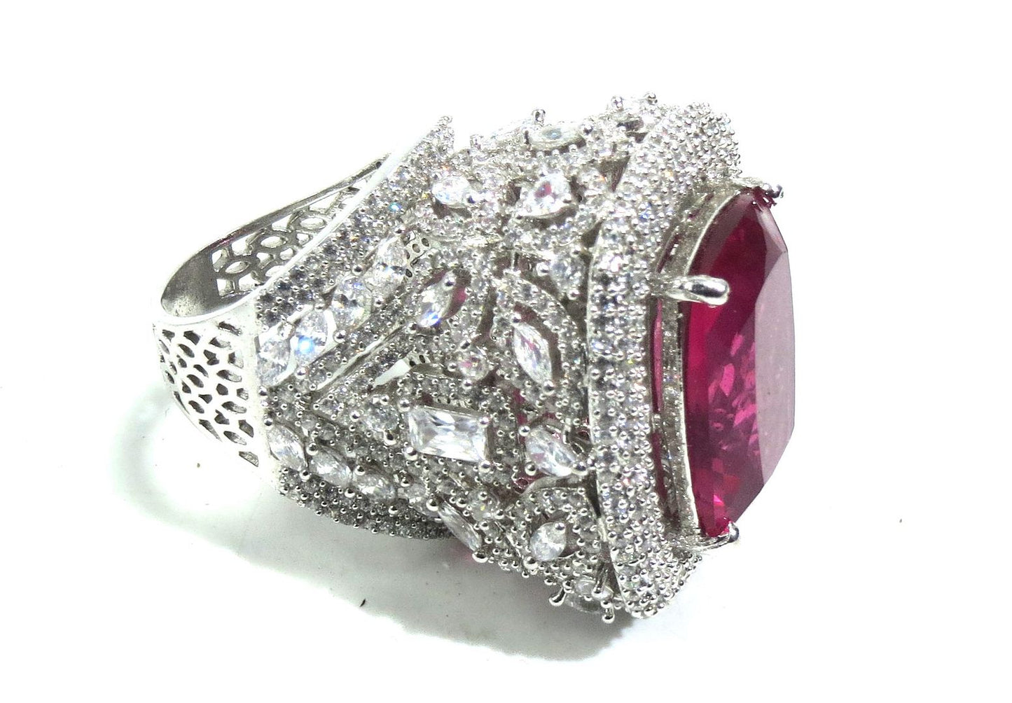 Jewelshingar Jewellery American Diamond Red Colour Size 13 Silver Plated Ring For Girls ( 92999RIN )
