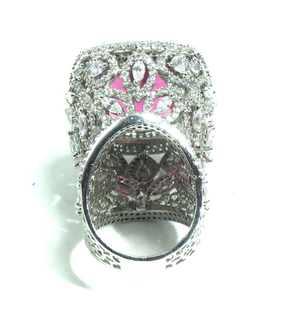 Jewelshingar Jewellery American Diamond Red Colour Size 13 Silver Plated Ring For Girls ( 92999RIN )