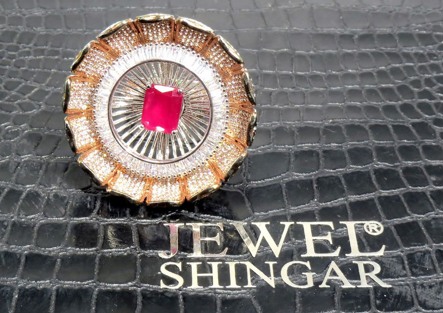 Jewelshingar Jewellery American Diamond Red Colour Size 18 Silver Plated Ring For Girls ( 93004RIN )