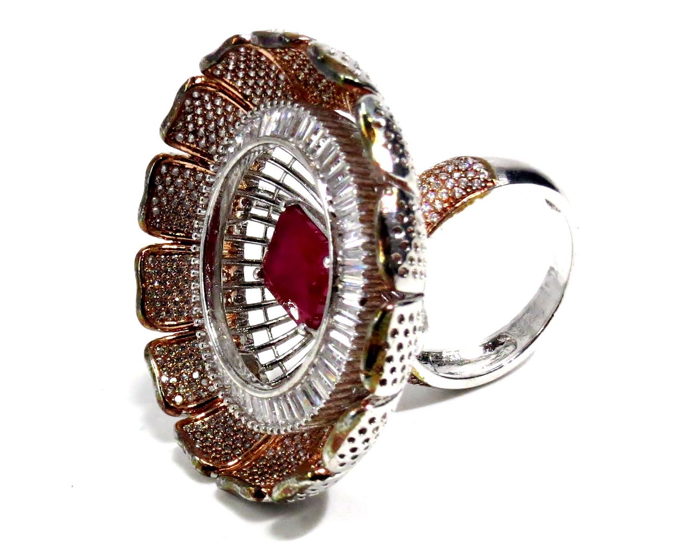 Jewelshingar Jewellery American Diamond Red Colour Size 18 Silver Plated Ring For Girls ( 93004RIN )