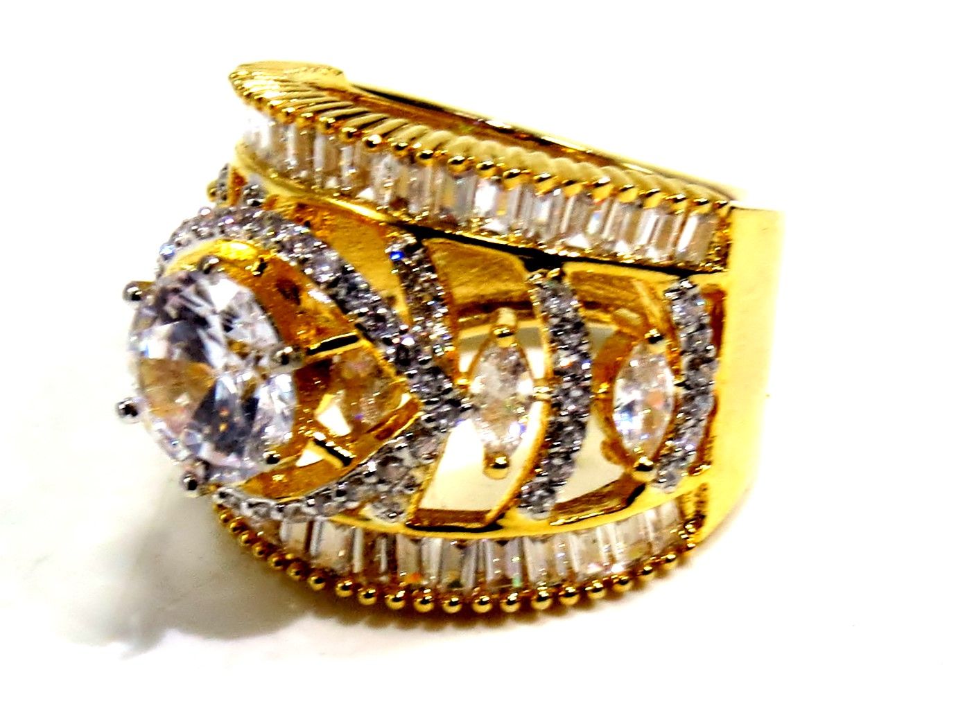Jewelshingar Jewellery American Diamond Clear Colour Size 15 Gold Plated Ring For Girls ( 93057RIN )